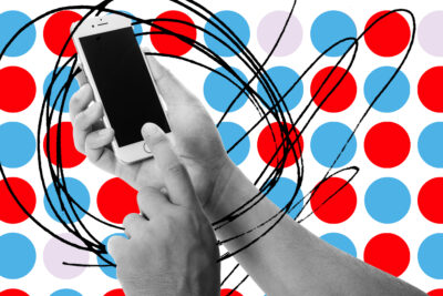 A hand holds a smartphone over a background of red, blue and violet circles.