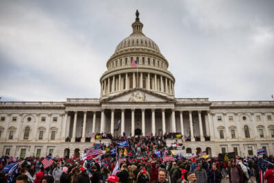 Rioters on the front steps of the Capitol on Jan. 6, 2021