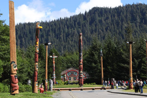 A draw for tourists, this totem park in Saxman, Alaska, includes more than 20 totem poles some of which were carved by Tlingit natives. (Michael Grabell/ProPublica)