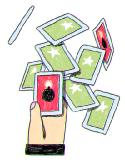 Hand surrounded by a flurry of cards, some green, and some ominously red.